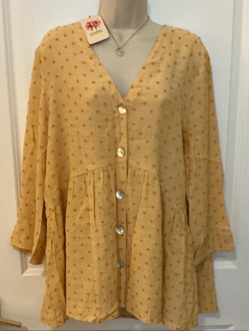 entro Mustard Yellow Polka Dot V-Neck Button Blouse